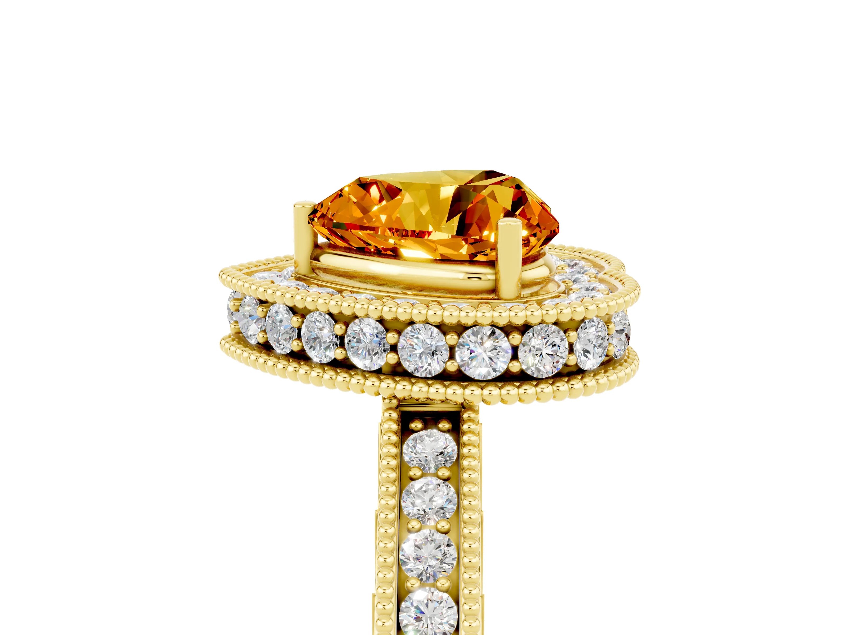 Yellow gold Heart Cut Halo Diamond Engagement Ring with Milgrain Pave Band and Four-Prong Setting_5