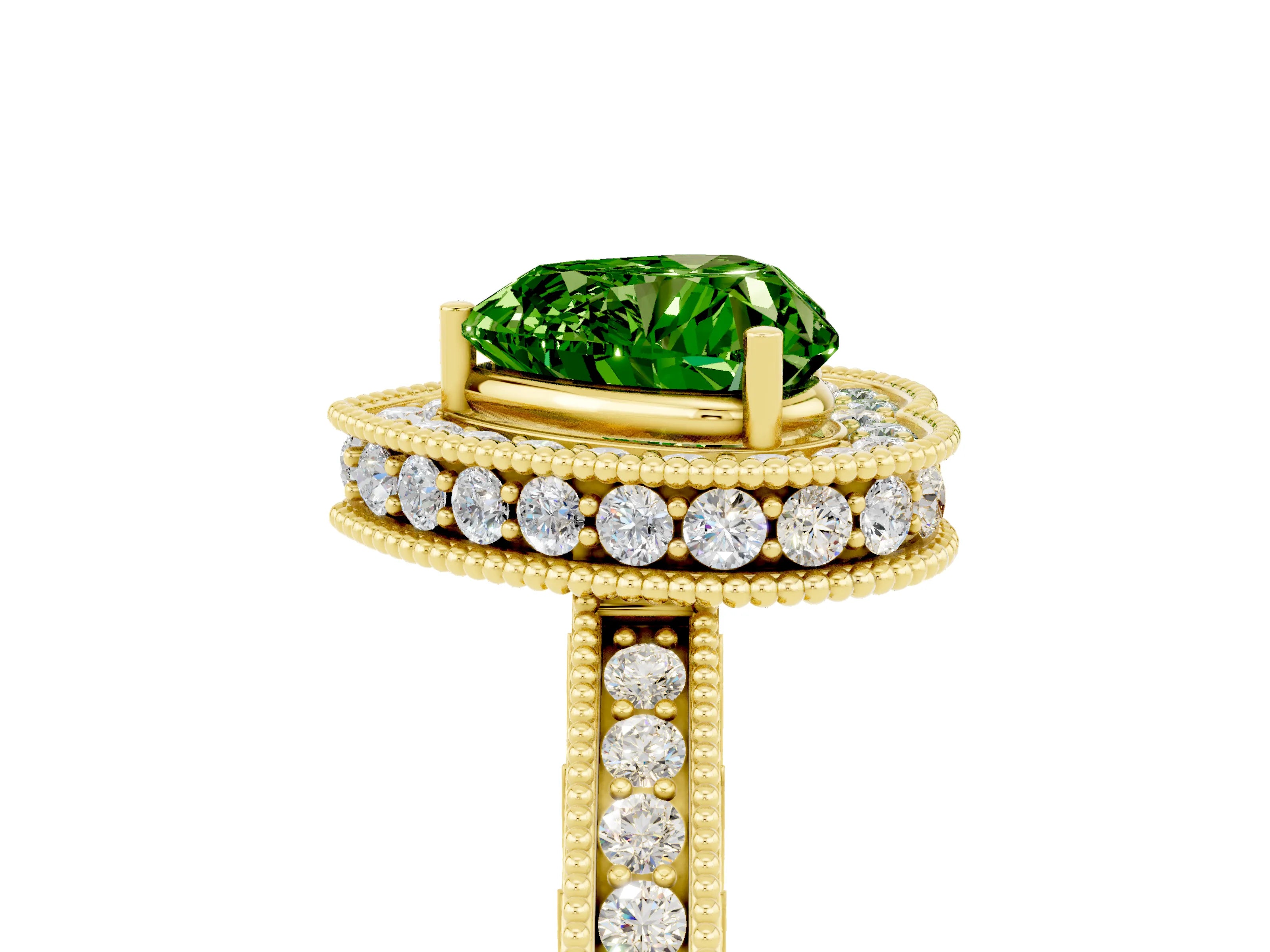 Yellow gold Heart Cut Halo Diamond Engagement Ring with Milgrain Pave Band and Four-Prong Setting_5