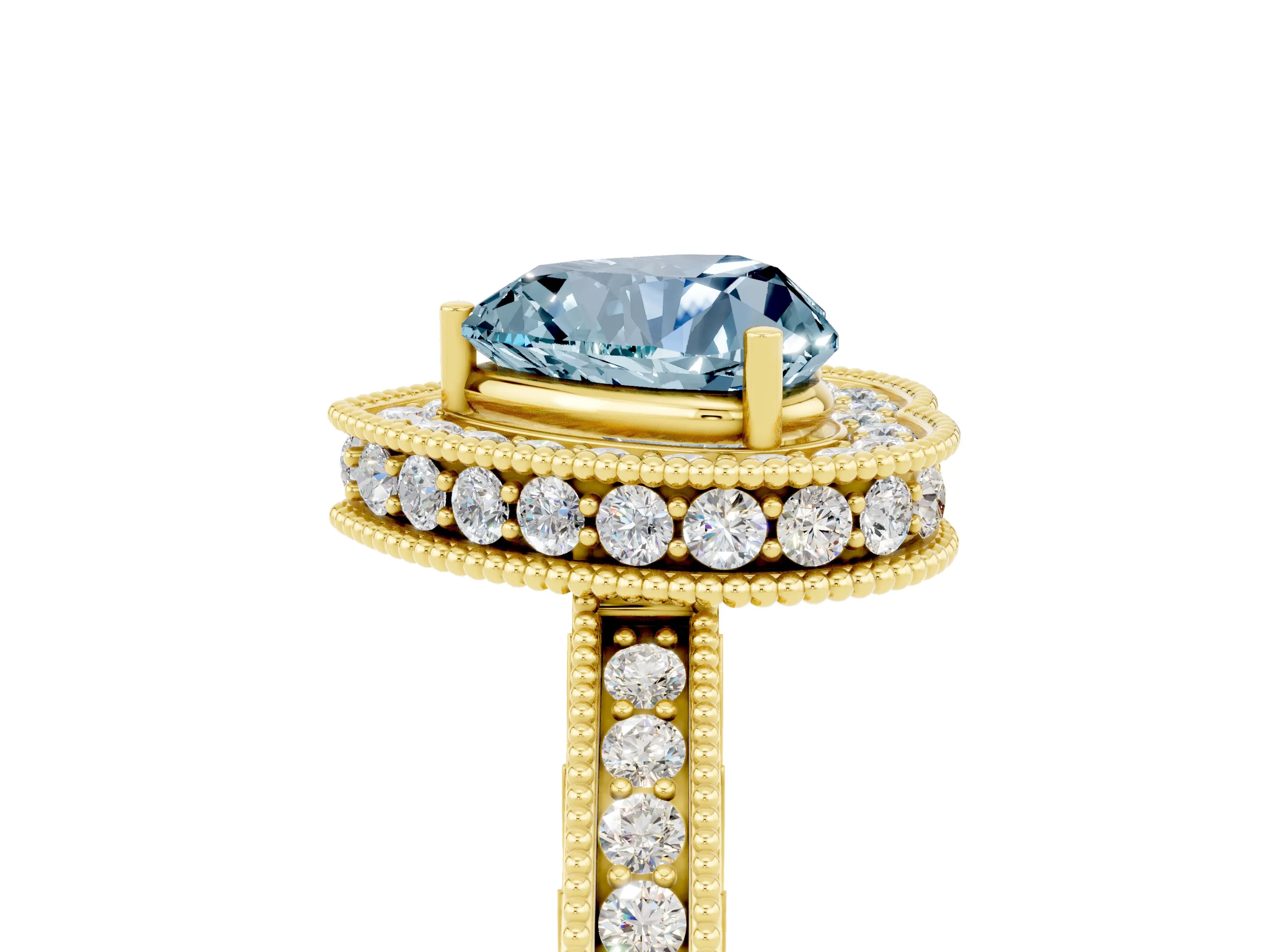Yellow gold Heart Cut Halo Diamond Engagement Ring with Milgrain Pave Band and Four-Prong Setting_5