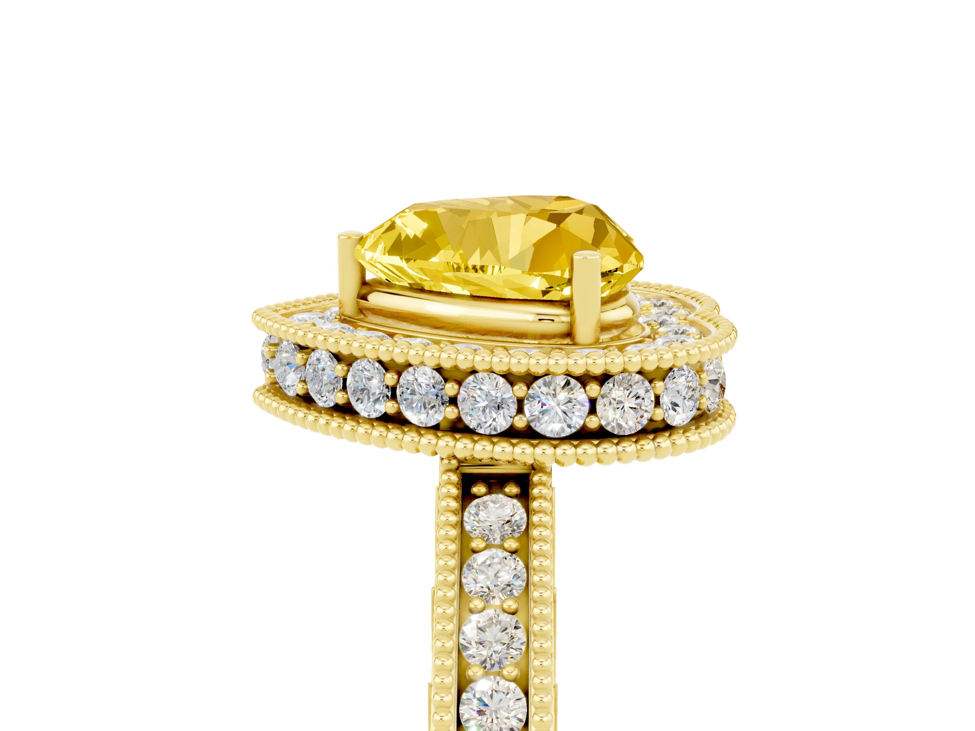 Yellow gold Heart Cut Halo Diamond Engagement Ring with Milgrain Pave Band and Four-Prong Setting_5