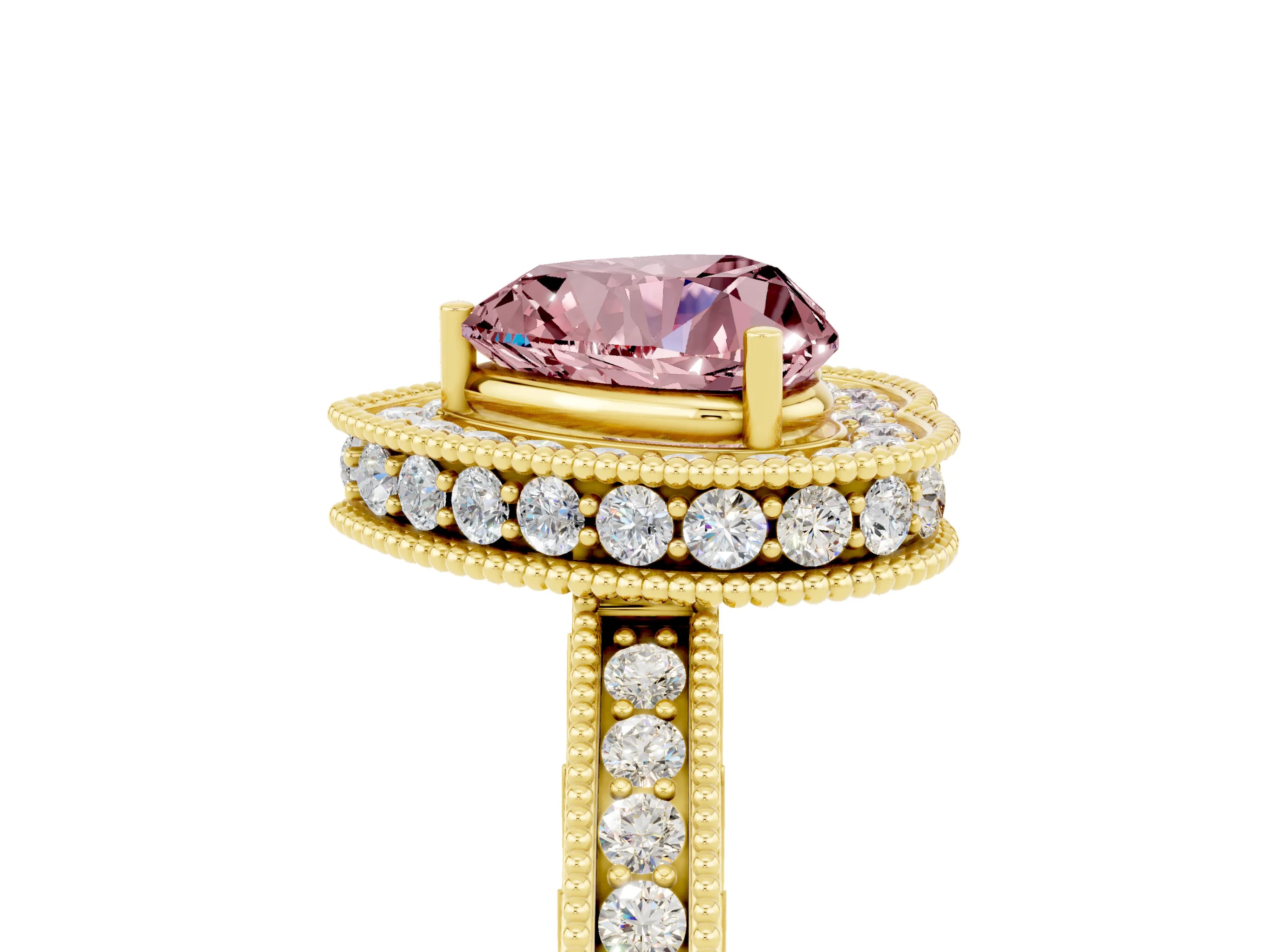 Yellow gold Heart Cut Halo Diamond Engagement Ring with Milgrain Pave Band and Four-Prong Setting_5