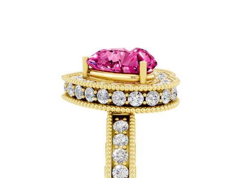 Yellow gold Heart Cut Halo Diamond Engagement Ring with Milgrain Pave Band and Four-Prong Setting_5