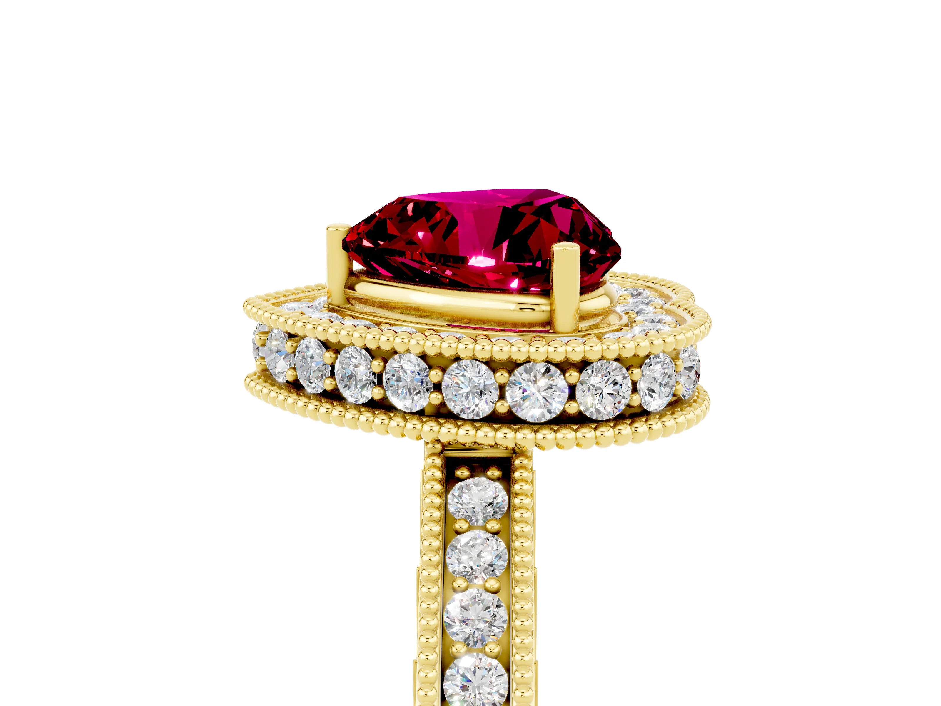 Yellow gold Heart Cut Halo Diamond Engagement Ring with Milgrain Pave Band and Four-Prong Setting_5