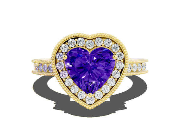 Yellow gold Heart Cut Halo Diamond Engagement Ring with Milgrain Pave Band and Four-Prong Setting