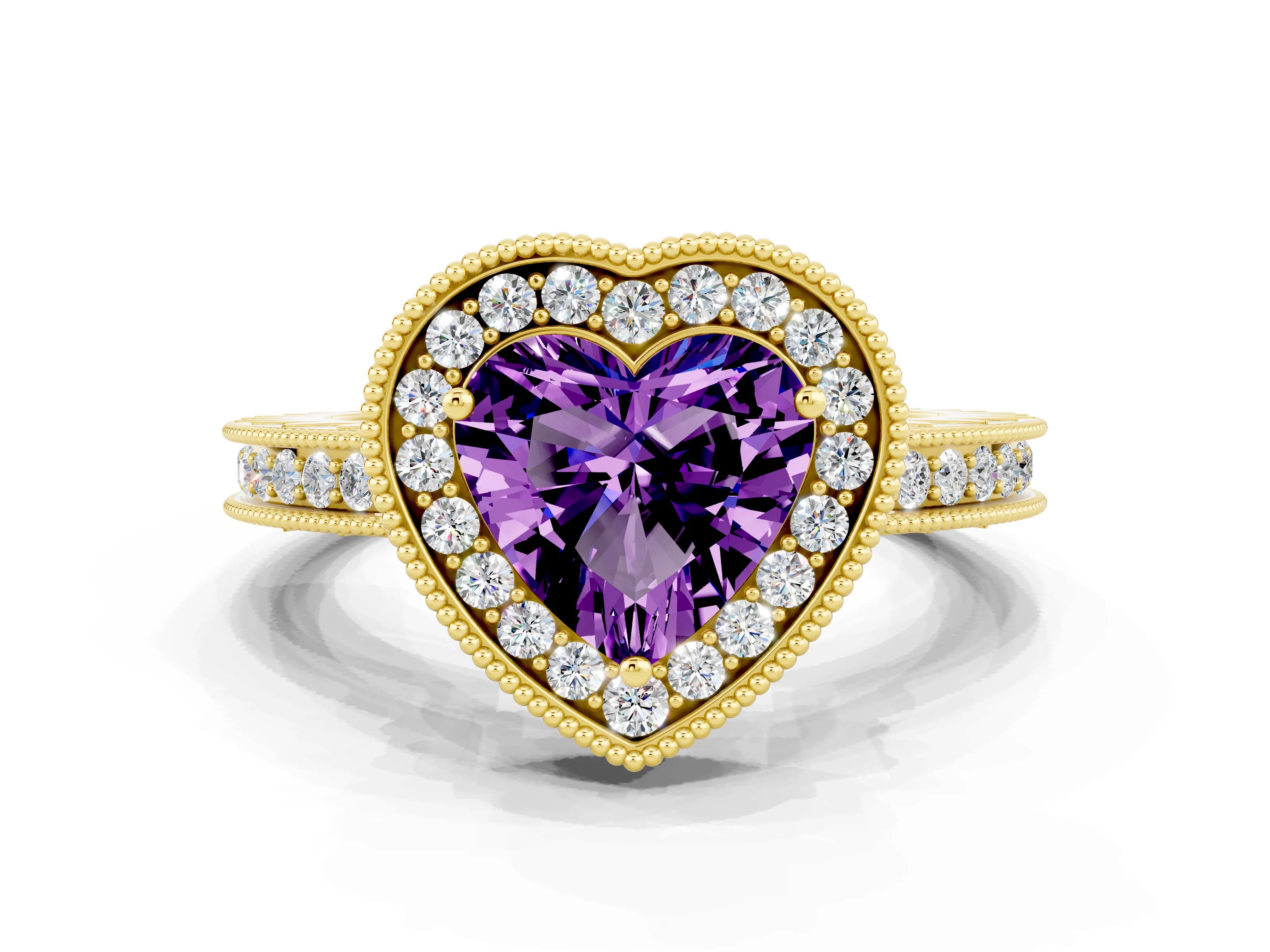 Yellow gold Heart Cut Halo Diamond Engagement Ring with Milgrain Pave Band and Four-Prong Setting