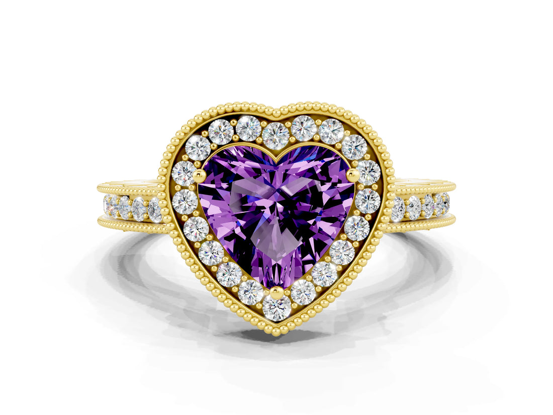 Yellow gold Heart Cut Halo Diamond Engagement Ring with Milgrain Pave Band and Four-Prong Setting
