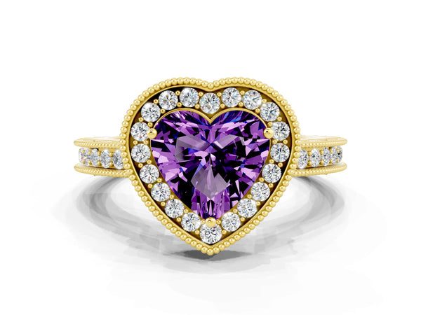 Yellow gold Heart Cut Amethyst Milgrain Halo Engagement Ring with Round Pavé Band and Prong Setting