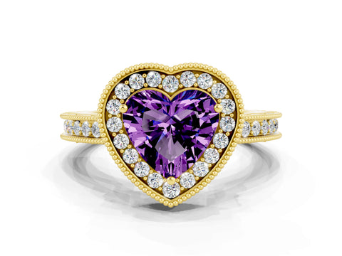 Yellow gold Heart Cut Halo Diamond Engagement Ring with Milgrain Pave Band and Four-Prong Setting