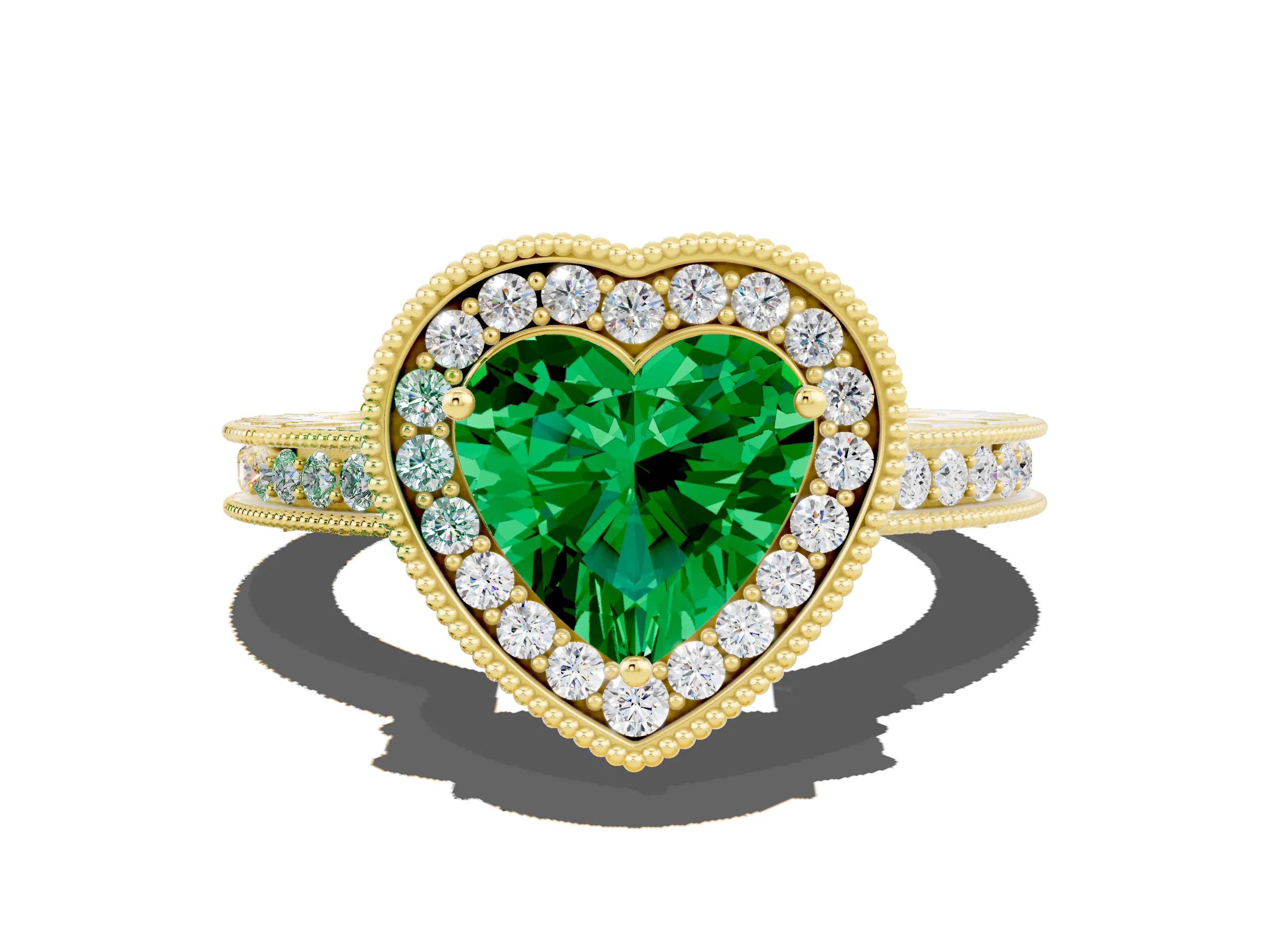 Yellow gold Heart Cut Halo Diamond Engagement Ring with Milgrain Pave Band and Four-Prong Setting