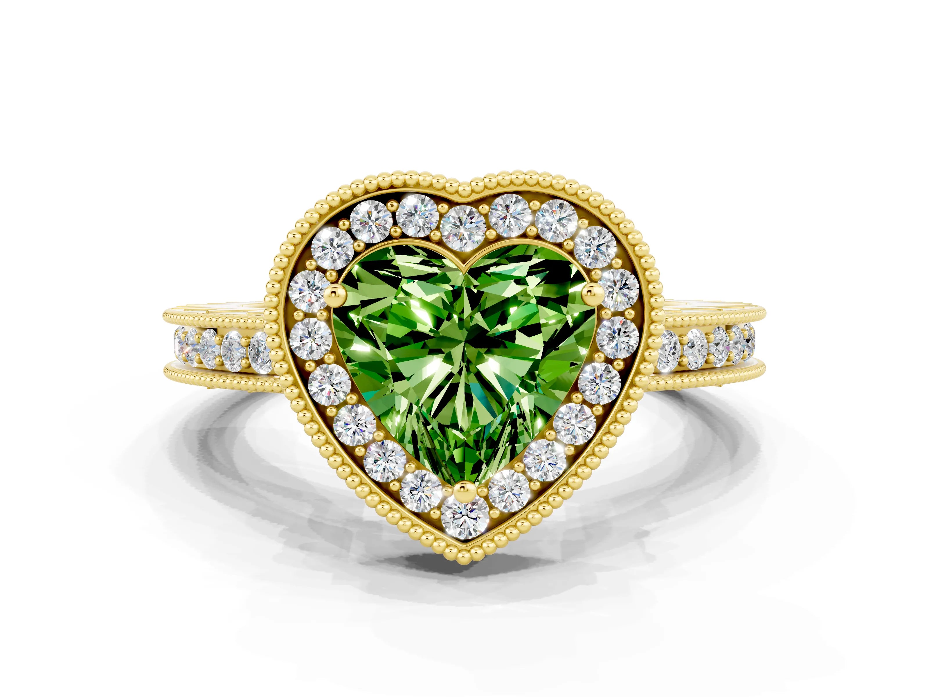 Yellow gold Heart Cut Halo Diamond Engagement Ring with Milgrain Pave Band and Four-Prong Setting