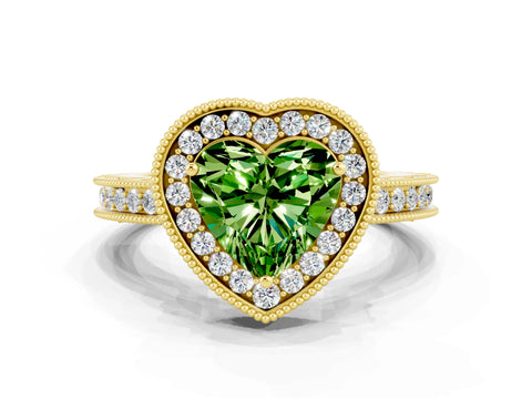 Yellow gold Heart Cut Halo Diamond Engagement Ring with Milgrain Pave Band and Four-Prong Setting