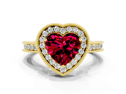 Yellow gold Heart Cut Halo Diamond Engagement Ring with Milgrain Pave Band and Four-Prong Setting