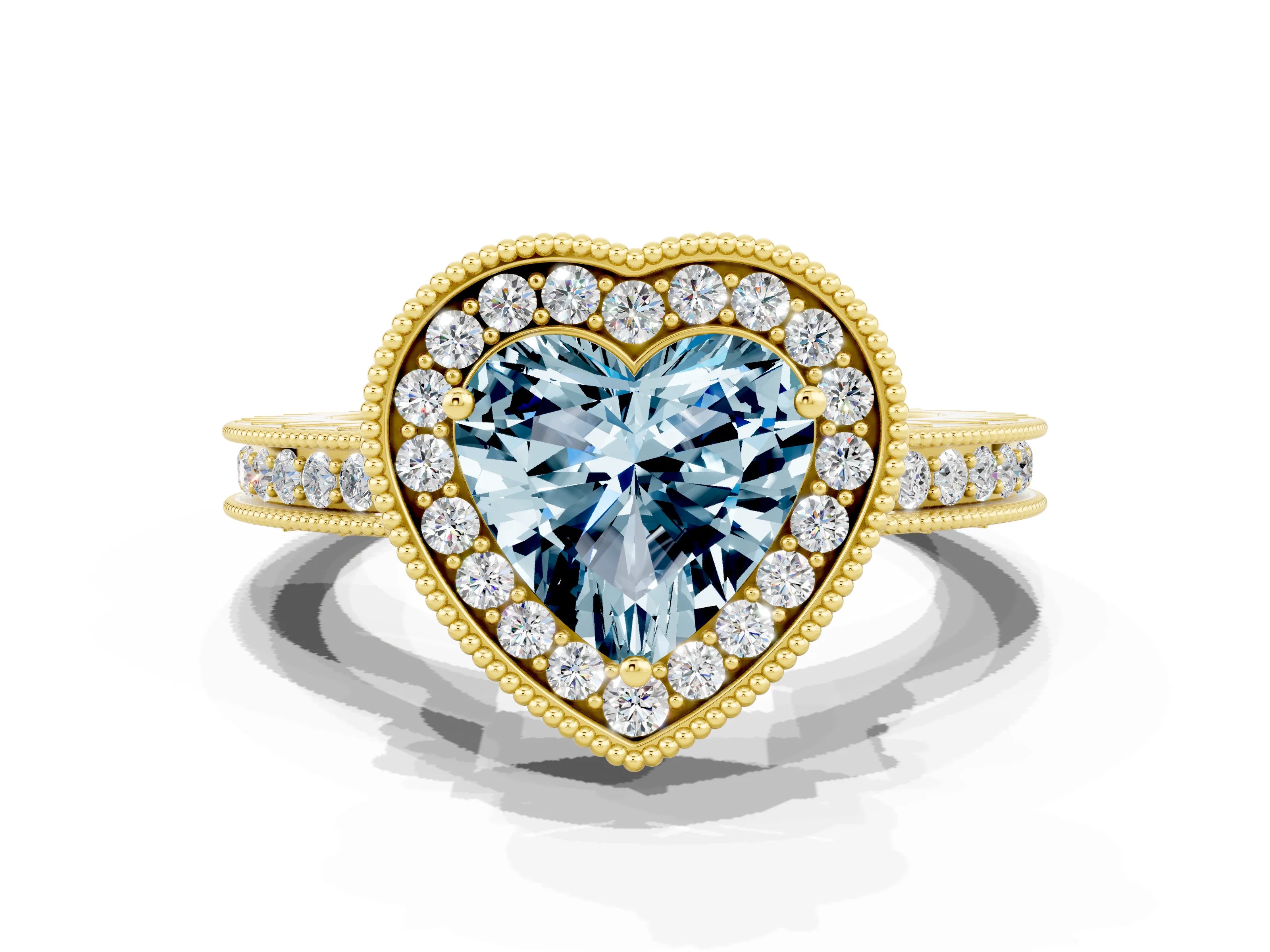 Yellow gold Heart Cut Halo Diamond Engagement Ring with Milgrain Pave Band and Four-Prong Setting
