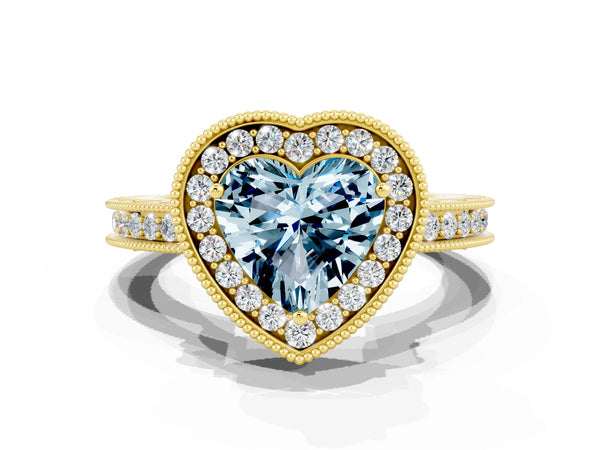 Yellow gold Heart Cut Halo Diamond Engagement Ring with Milgrain Pave Band and Four-Prong Setting