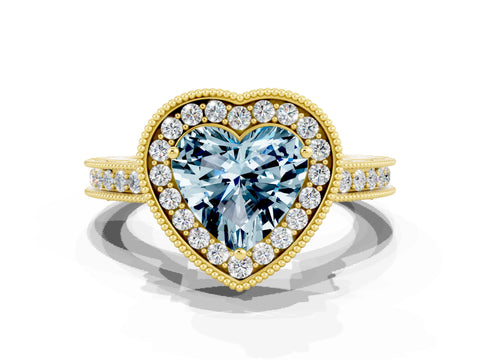 Yellow gold Heart Cut Halo Diamond Engagement Ring with Milgrain Pave Band and Four-Prong Setting