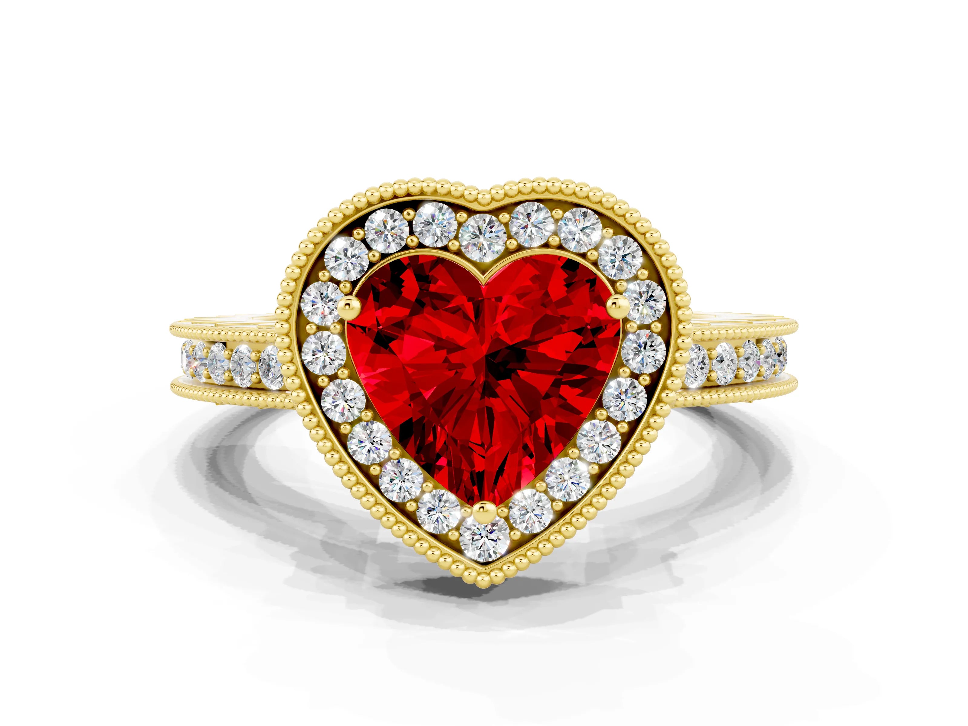 Yellow gold Heart Cut Halo Diamond Engagement Ring with Milgrain Pave Band and Four-Prong Setting