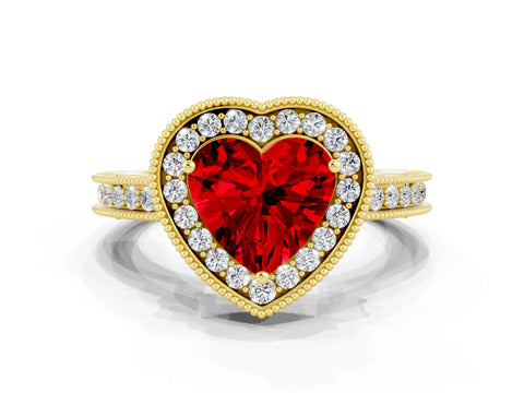 Yellow gold Heart Cut Halo Diamond Engagement Ring with Milgrain Pave Band and Four-Prong Setting