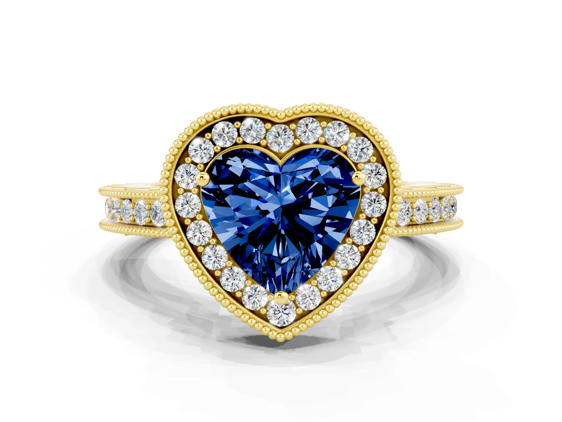 Yellow gold Heart Cut Halo Diamond Engagement Ring with Milgrain Pave Band and Four-Prong Setting