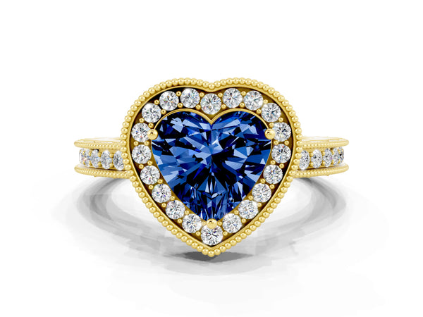 Yellow gold Heart Cut Halo Diamond Engagement Ring with Milgrain Pave Band and Four-Prong Setting