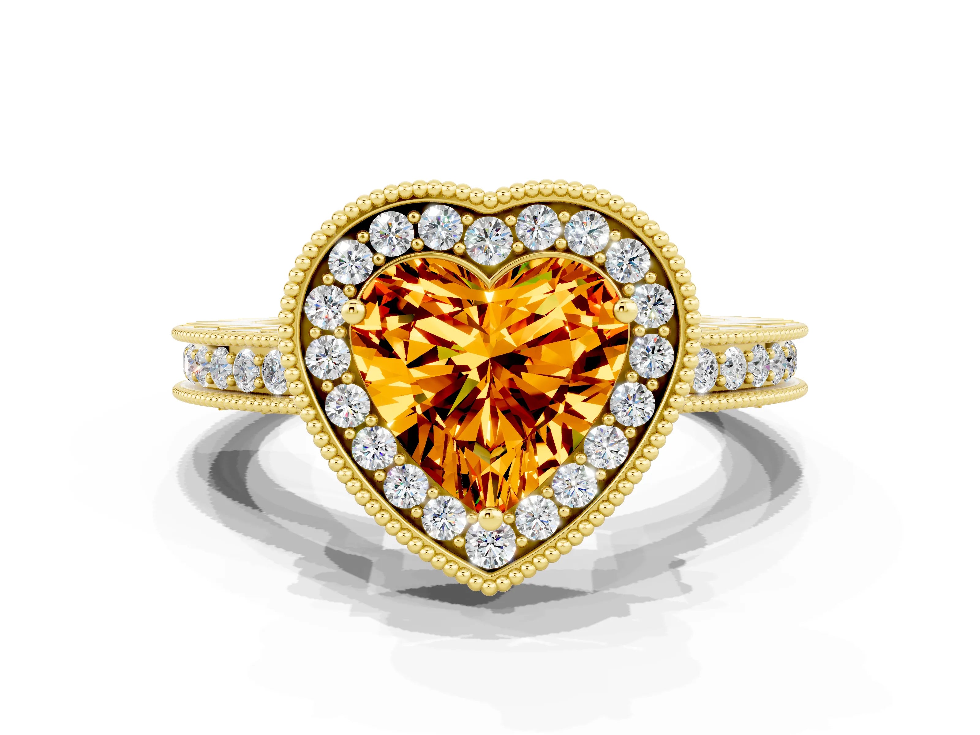Yellow gold Heart Cut Halo Diamond Engagement Ring with Milgrain Pave Band and Four-Prong Setting
