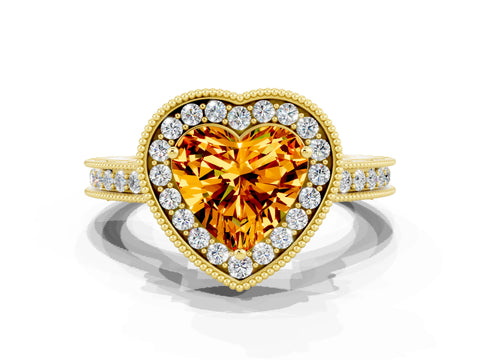 Yellow gold Heart Cut Halo Diamond Engagement Ring with Milgrain Pave Band and Four-Prong Setting