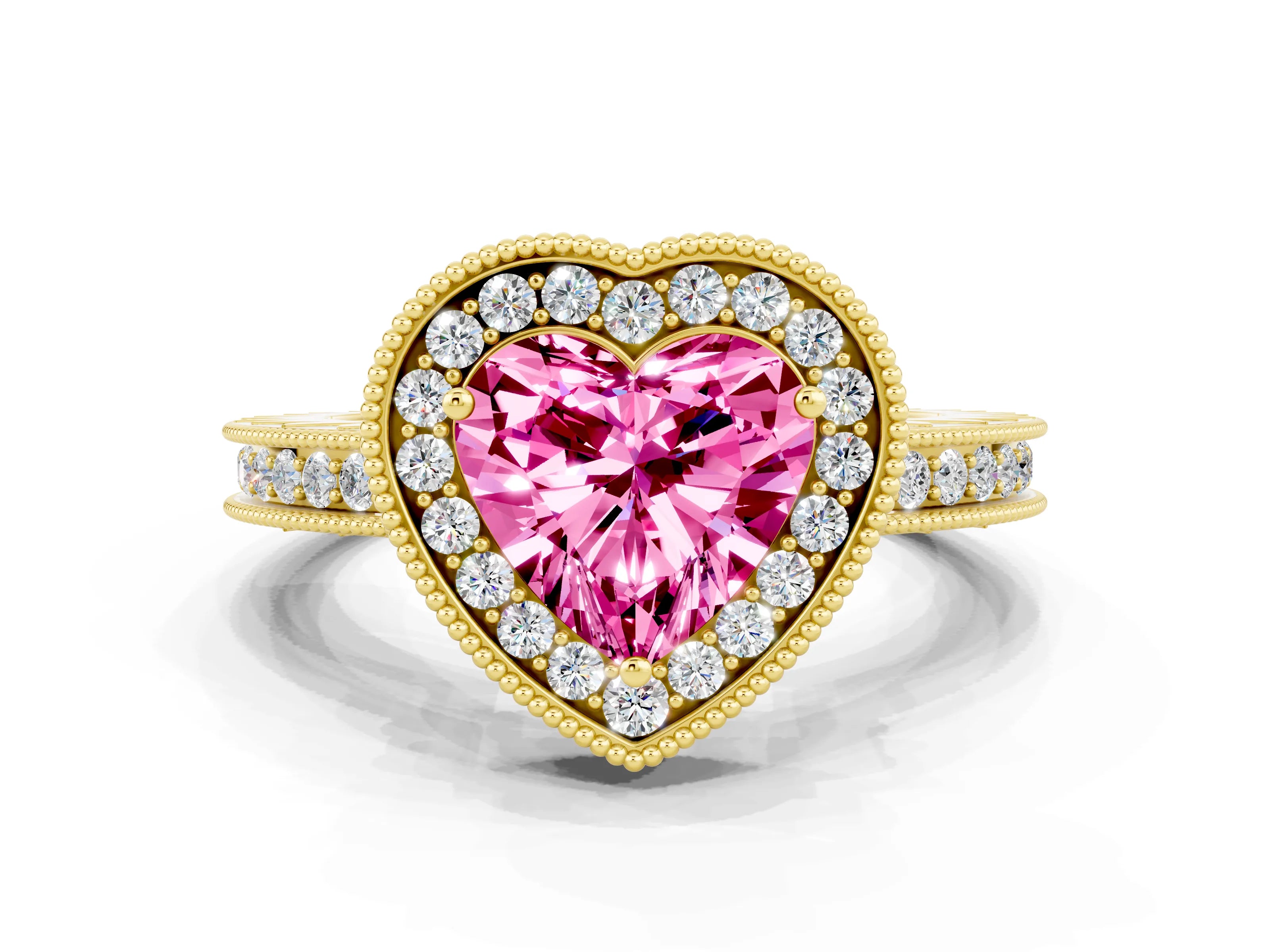 Yellow gold Heart Cut Halo Diamond Engagement Ring with Milgrain Pave Band and Four-Prong Setting