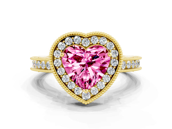 Yellow gold Heart Cut Halo Diamond Engagement Ring with Milgrain Pave Band and Four-Prong Setting