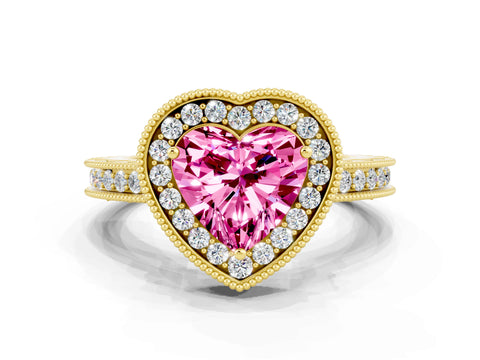 Yellow gold Heart Cut Halo Diamond Engagement Ring with Milgrain Pave Band and Four-Prong Setting