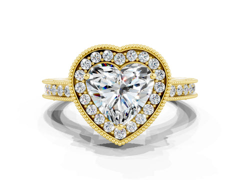 Yellow gold Heart Cut Halo Diamond Engagement Ring with Milgrain Pave Band and Four-Prong Setting