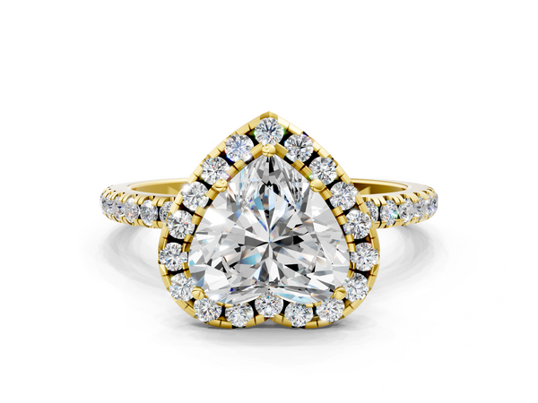 Yellow gold Heart Cut Diamond Floral Halo Engagement Ring with Pavé Band and Prong Setting