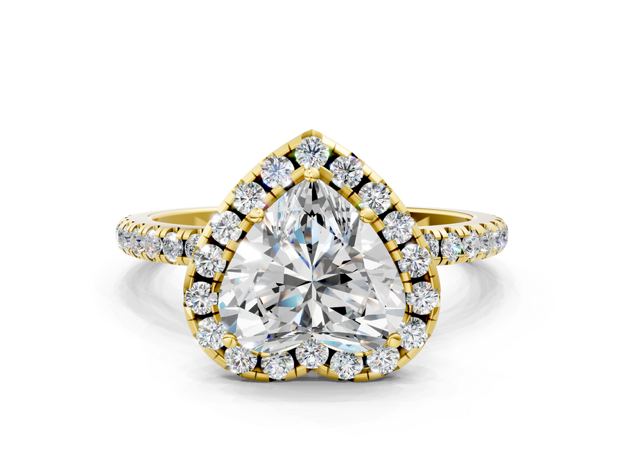 Yellow gold Heart Cut Diamond Floral Halo Engagement Ring with Pavé Band and Prong Setting
