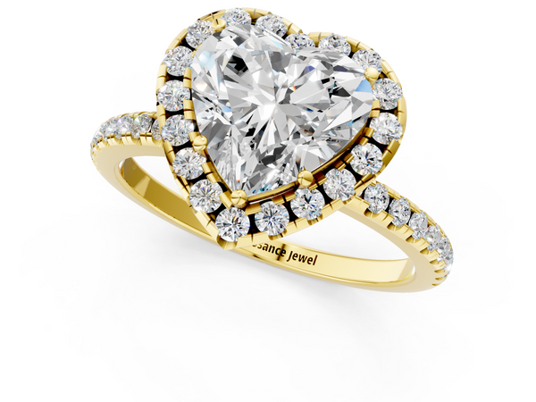 Yellow gold Heart Cut Diamond Floral Halo Engagement Ring with Pavé Band and Prong Setting