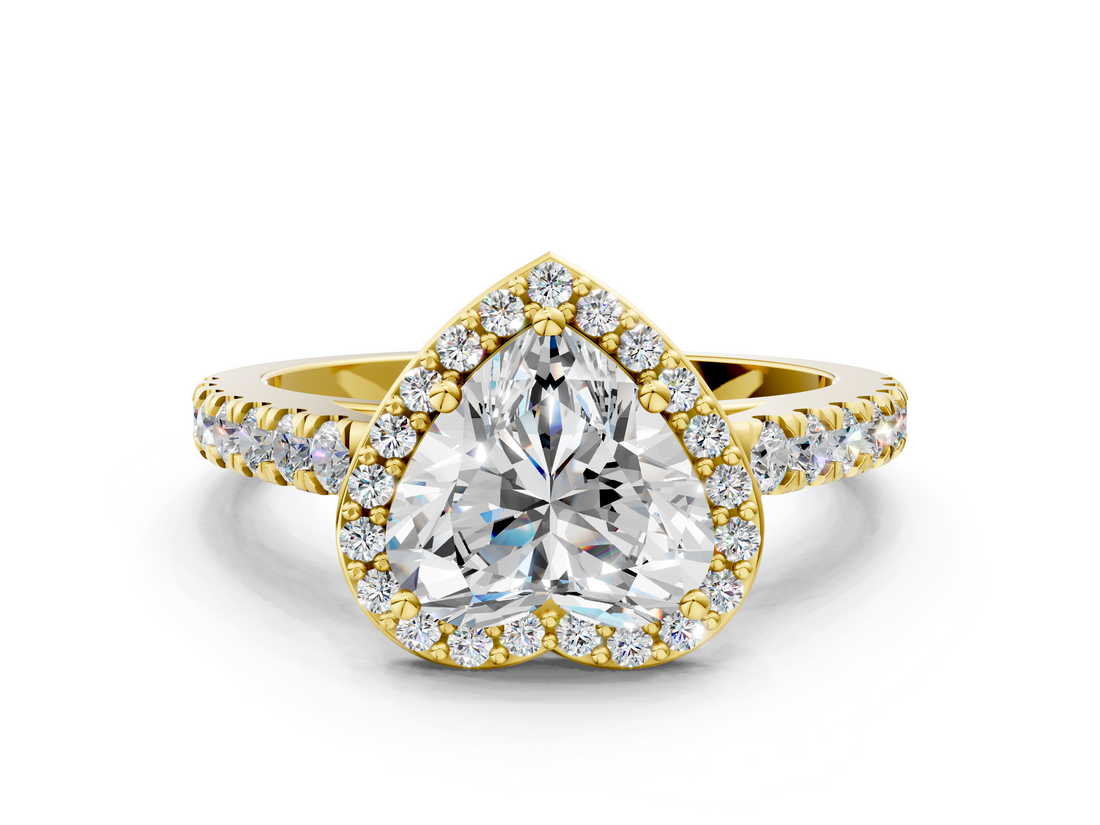 Yellow gold Heart Cut Halo Diamond Engagement Ring with Pave Band and Four-Prong Setting_40