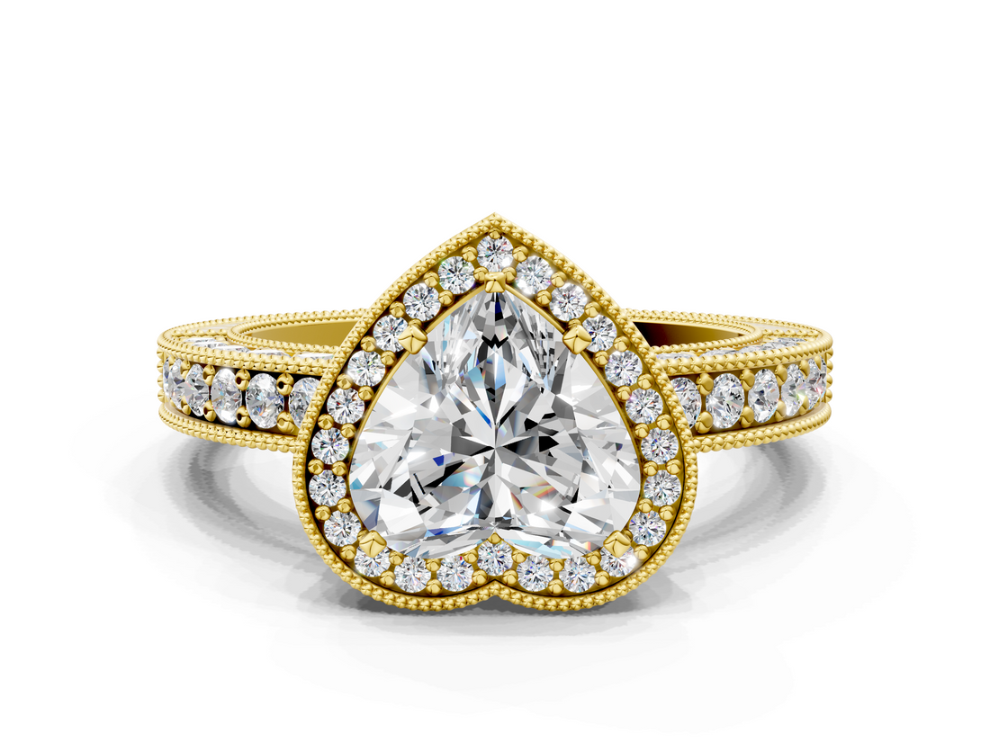 Yellow gold Heart Cut Halo Diamond Pave Band Ring with Four-Prong Setting_61