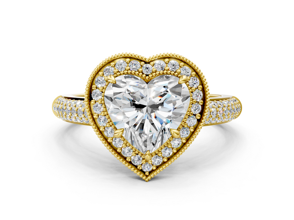 Yellow gold Heart Cut Halo Diamond Pave Band with Four-Prong Setting