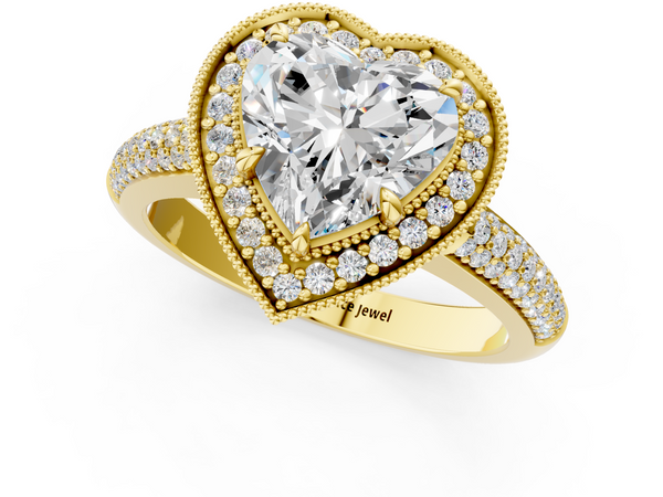 Yellow gold Heart Cut Halo Diamond Pave Band with Four-Prong Setting