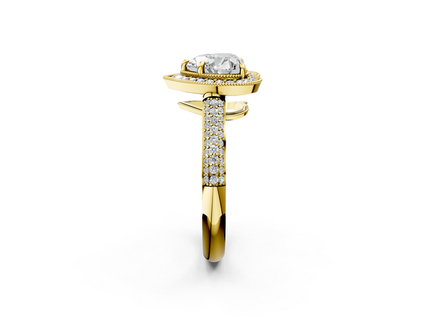 Yellow gold Heart Cut Halo Diamond Pave Band with Four-Prong Setting