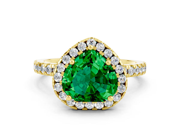 Yellow gold Heart Cut Emerald Classic Halo Engagement Ring with Round Pavé Band and Prong Setting