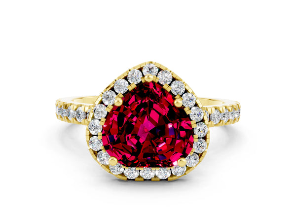 Yellow gold Heart Cut Garnet Classic Halo Engagement Ring with Round Pavé Band and Prong Setting
