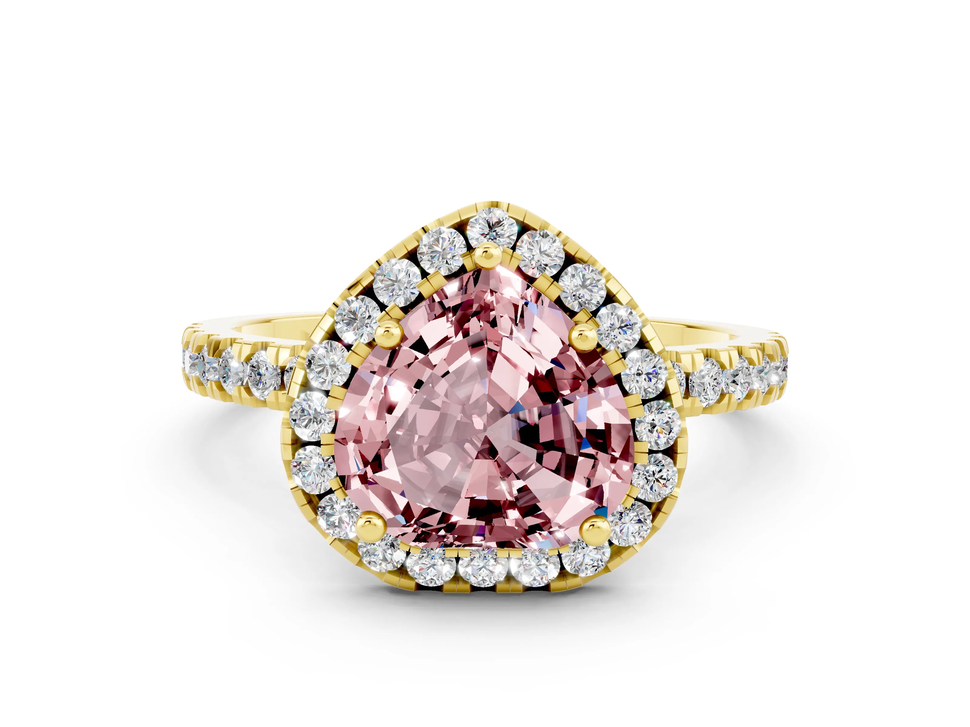 Yellow gold Heart Cut Halo Diamond Pave Band with Prong Setting