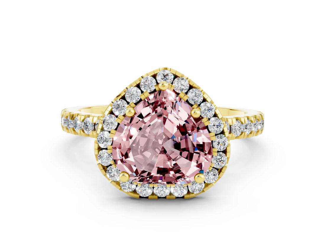 Yellow gold Heart Cut Halo Diamond Pave Band with Prong Setting