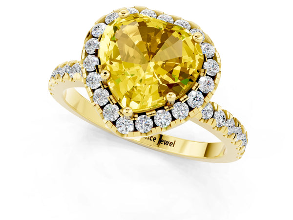 Yellow gold Heart Cut Yellow Sapphire Classic Halo Engagement Ring with Round Pavé Band and Prong Setting