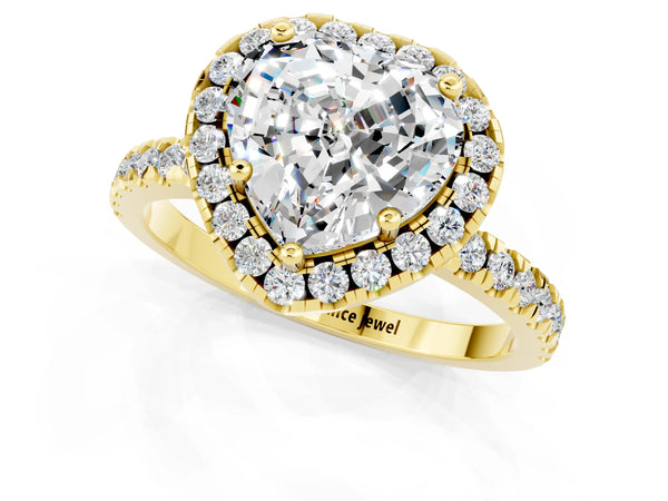 Yellow gold Heart Cut Moissanite Classic Halo Engagement Ring with Round Pavé Band and Prong Setting