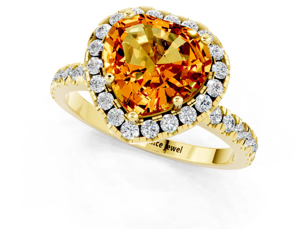 Yellow gold Heart Cut Citrine Classic Halo Engagement Ring with Round Pavé Band and Prong Setting
