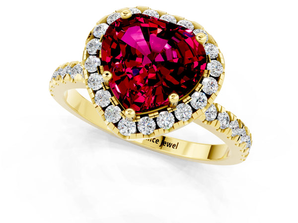 Yellow gold Heart Cut Garnet Classic Halo Engagement Ring with Round Pavé Band and Prong Setting