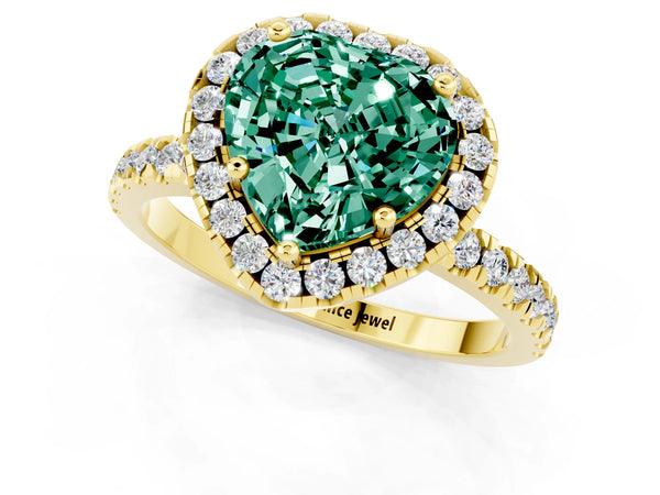 Yellow gold Heart Cut Green Sapphire Classic Halo Engagement Ring with Round Pavé Band and Prong Setting