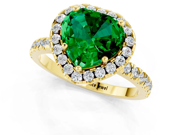 Yellow gold Heart Cut Emerald Classic Halo Engagement Ring with Round Pavé Band and Prong Setting