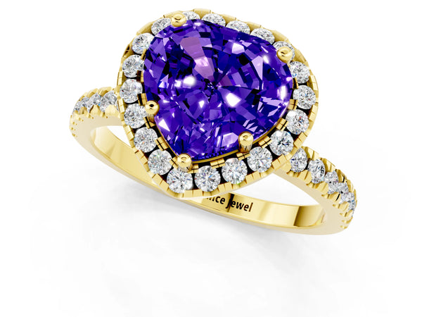Yellow gold Heart Cut Tanzanite Classic Halo Engagement Ring with Round Pavé Band and Prong Setting
