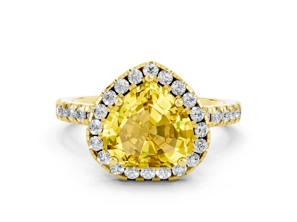 Yellow gold Heart Cut Yellow Sapphire Classic Halo Engagement Ring with Round Pavé Band and Prong Setting