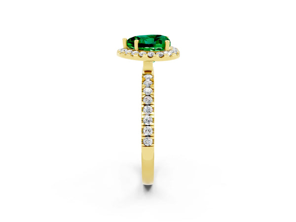 Yellow gold Heart Cut Emerald Classic Halo Engagement Ring with Round Pavé Band and Prong Setting